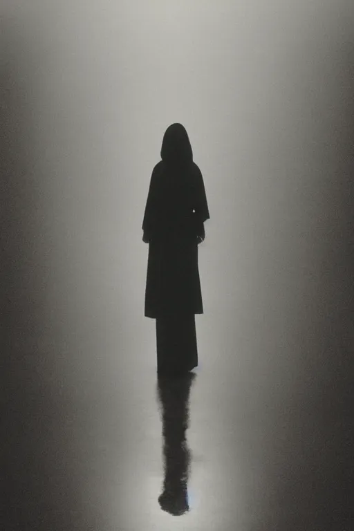 Image similar to a film still of a girl wearing long futuristic dark cloak by yohji yamamoto standing in a shadow sense of mystery, muted colors, simple shapes, long shot, full shot, by bill henson, by gregory crewdson, golden ratio, perfect composition, dramatic, fine detail, intricate