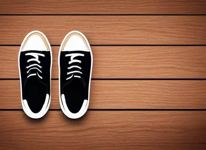 Prompt: clear highly detailed photorealistic topdown mockup product photograph of a realistic pair of black sneakers on a wooden background