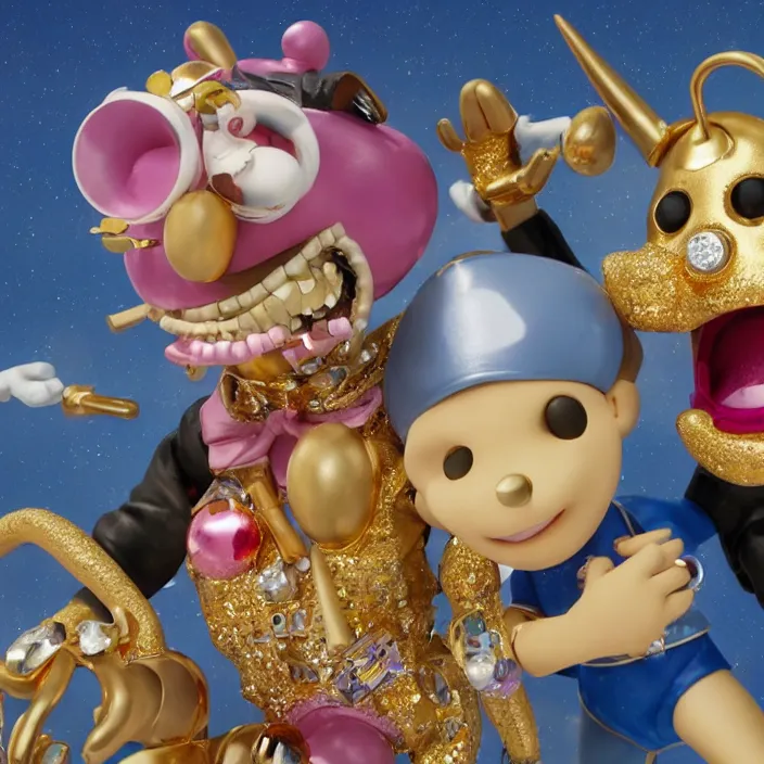 Image similar to jeff koons hip hop bauhaus style street sharks sailor moon wearing diamond grillz and a ton of bussdown iced gold bling in wallace & gromit strata - cut claymation, ultra realistic, concept art, intricate details, serious, highly detailed, photorealistic, octane render, 8 k, unreal engine, art by todd mcfarlane