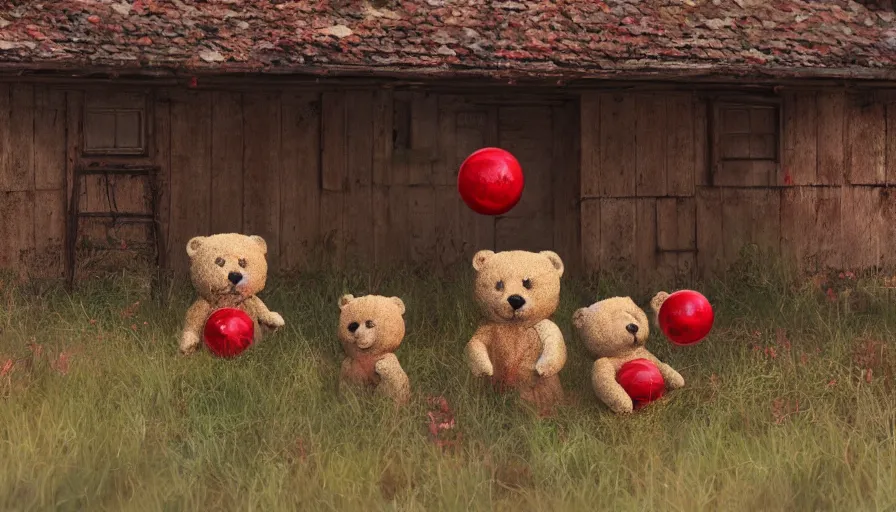 Prompt: teddy bears playing with red ball on an abandoned wooden old house, hyperdetailed, artstation, cgsociety, 8 k