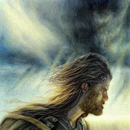 Image similar to the winds of Thor are blowing cold, Alan Lee illustration