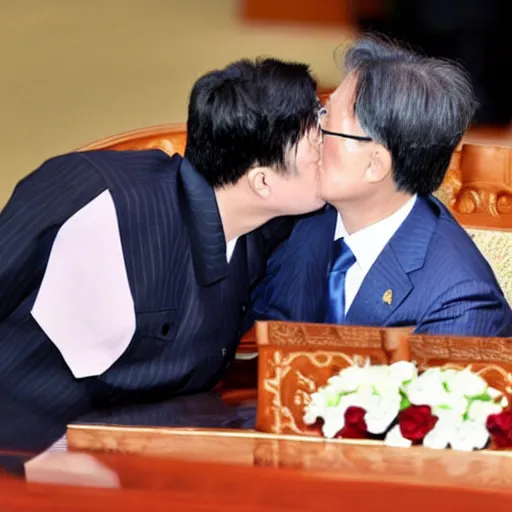 Prompt: moon jae - in kissing kim jeong - un