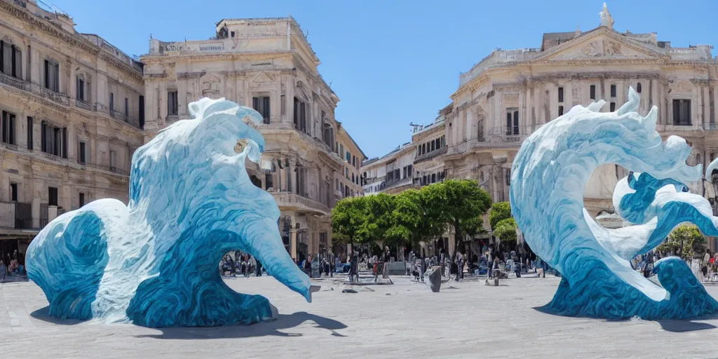 Image similar to A white and blue marble sculpture of The Great Wave off Kanagawa in the middle of an empty Italian piazza without people, midday, 4k photograph, sunny day, long shot