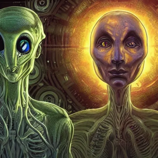 Image similar to biologically feasible alien species that do not use dna to carry hereditary information, traveling through an interdimensional portal