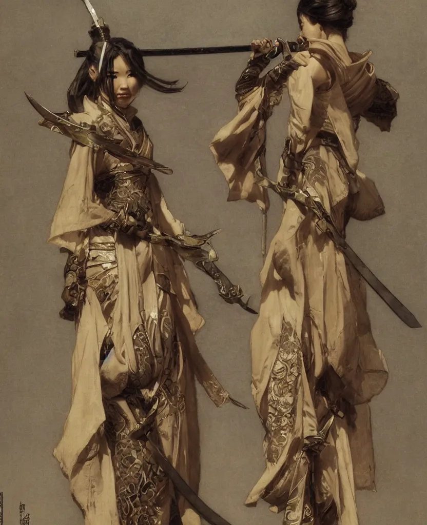 Prompt: modern elegant tanned female samurai ninja, with large engraved sword, abs, wide leg hakama trousers, by gaston bussiere, mucha, gerome, craig mullins, greg rutkowski, john singer sargent