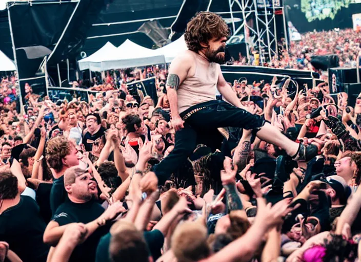 Image similar to photo still of peter dinklage at the vans warped tour!!!!!!!! at age 3 6 years old 3 6 years of age!!!!!!!! stage diving into the crowd, 8 k, 8 5 mm f 1. 8, studio lighting, rim light, right side key light