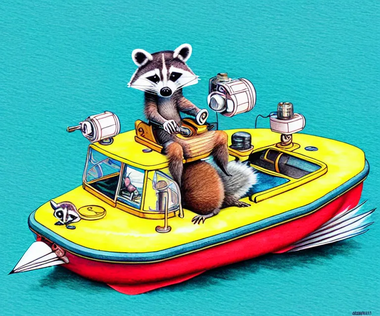 Image similar to cute and funny, racoon driving a tiny pontoon boat with party lights, ratfink style by ed roth, centered award winning watercolor pen illustration, isometric illustration by chihiro iwasaki, edited by craola, tiny details by artgerm and watercolor girl, symmetrically isometrically centered