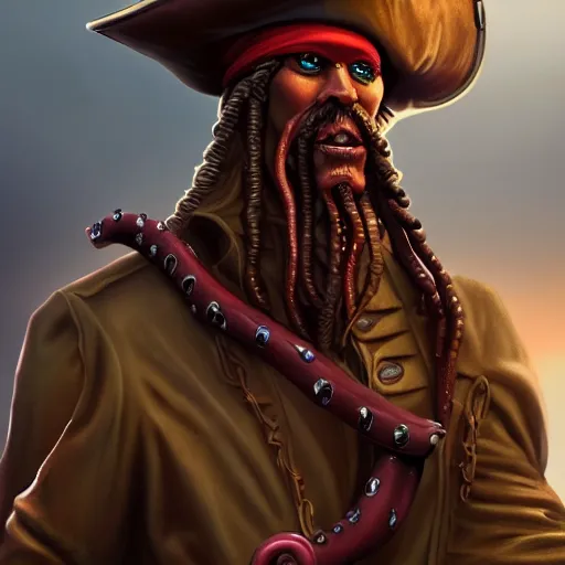 Prompt: a pirate captain with squid tentacle arms, beautiful and creepy digital painting, trending on artstation, detailed masterpiece, realistic rendering, 4k wallpaper