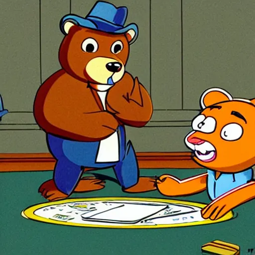 Prompt: detailed background courtroom sketch of vintage cartoon network character yogi gambling bear presenting evidence of copyright that he is satoshi nakamoto