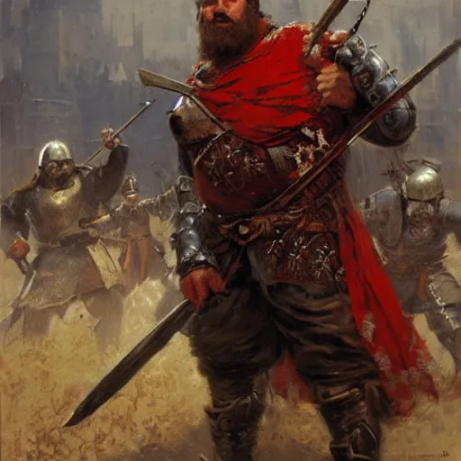 Prompt: a medieval bandit, burly and tough, gearing up for battle, candid, red accents, fantasy character portrait by gaston bussiere, craig mullins