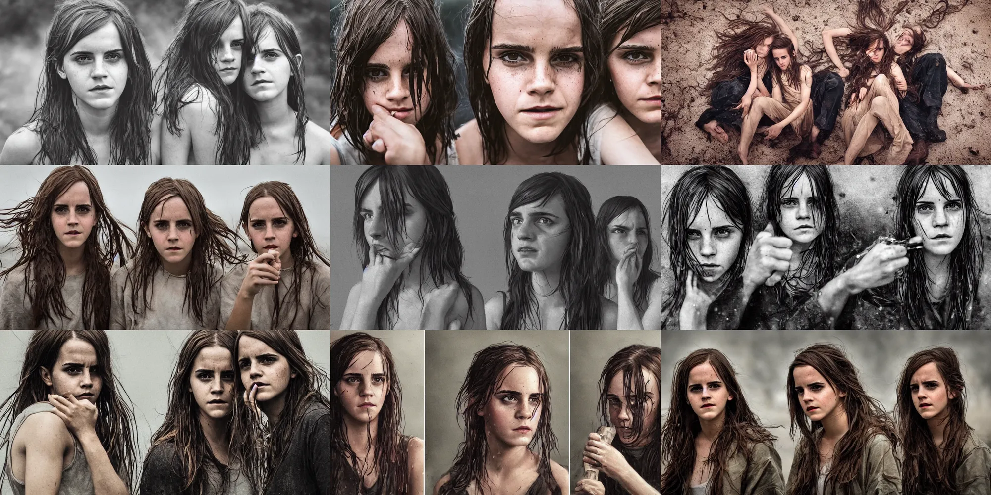 Prompt: portrait emma watson long wet hair identical twins screaming greg rutkowski!!! greg rutkowski!!! james gurney james gurney canon eos david bailey!!! david bailey!!!! corinne day cinematic filmic photorealistic hyperdetailed canon eos r 3 fujifilm x - t 3 0 sony alpha a 6 6 0 0 nikon d 5 0 0