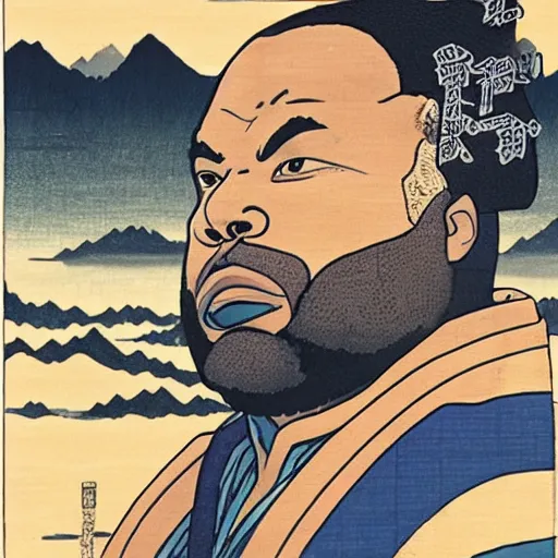 Image similar to Raekwon rapping, portrait, style of ancient text, hokusai