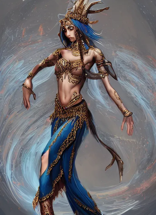 Image similar to a highly detailed illustration of an elegant elf arabian dancer, gracefully belly dancing pose, waving arms, intricate, elegant, highly detailed, centered, digital painting, artstation, concept art, smooth, sharp focus, league of legends concept art, WLOP