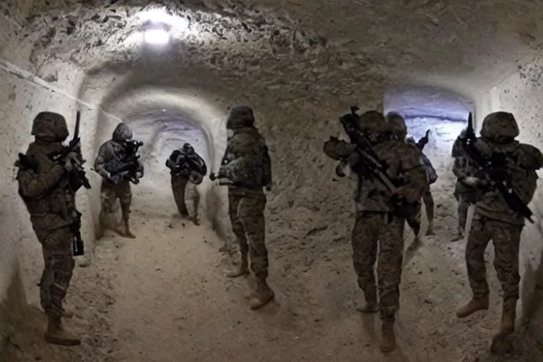 Image similar to gopro footage of a battle between human soldiers and grey aliens with guns in a dark underground tunnel