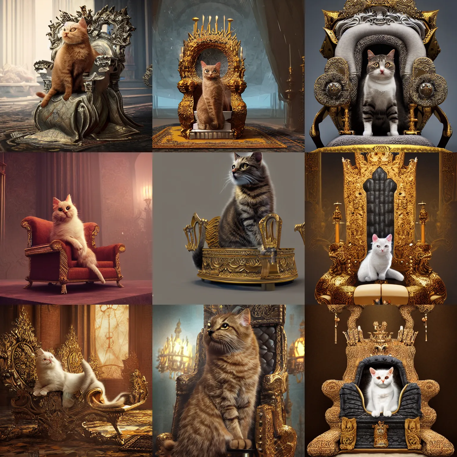 Prompt: cat king on a throne being worshipped by mice intricately detailed, physically based rendering, realistic, in the style of WLOP, illustration, epic, fantasy, hyper detailed, smooth, unreal engine, sharp focus, ray tracing