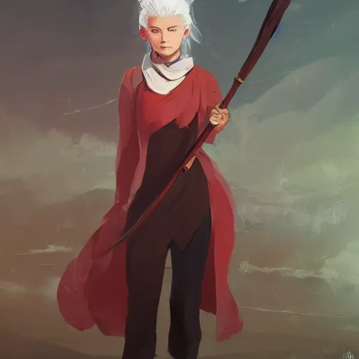 Image similar to full body portrait of a girl sorcerer with white hair in a hairbun, she is wearing a thin subtle red scarf around her neck, she is holding a large wand. cgsociety masterpiece, artstation trending, by rossdraws, ghibli, kimi no na wa, greg rutkowski, simon stalberg, greg manchess