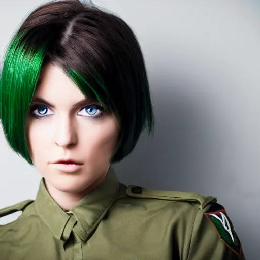 Prompt: brunette woman, bright green eyes, short hair, flipped out hair, military uniform, serious