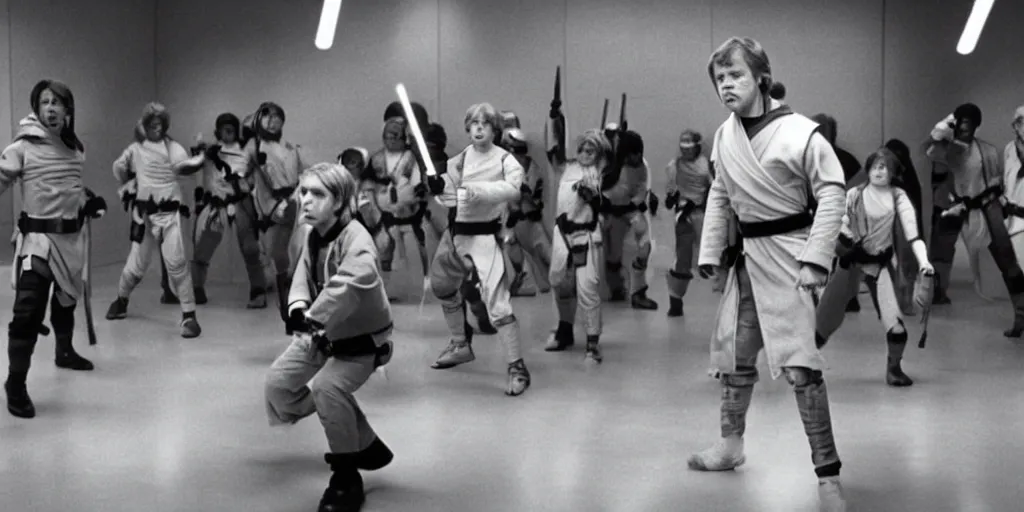 Image similar to A still of Mark Hamill as Jedi Master Luke Skywalker training a group of diverse young Jedi students in a Sci-fi room, in a Star Wars Sequel, 1990, Directed by Steven Spielberg, 35mm