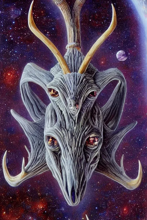 Image similar to baphomet starship!!!!! with antler made with porcelain by jeff easley and peter elson, beautiful eyes and face, symmetry face, galaxy, gothic, surreal, dread, highly detailed, intricate complexity, epic composition, magical atmosphere, masterpiece, award winning, trending on artstation