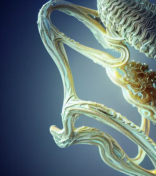 Image similar to abstract organic ornament in fluid creature, white and gold biomechanic plastic, glow lighting, fantasy, intricate, elegant, highly detailed, lifelike, photorealistic, octane render, 3d, concept art, smooth, sharp focus,