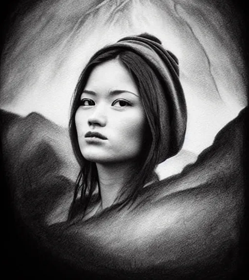 Prompt: amazing blend effect of beautiful mountain scenery with a beautiful woman face, charcoal drawing, hyper - realistic, in the style of matteo pasqualin, amazing detail, black and white