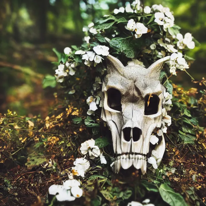 Image similar to overgrown foliage taking over a realistic wolf skull, close - up, 3 5 mm, f 1. 8, bokeh, beautiful, lens flare, emotional, sweet, flowers, detailed, picture, trending on artstation, award - winning, shiny, golden