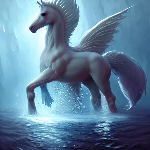 Image similar to a fantastical translucent creature made of water and foam with the shape of a poney, ethereal, radiant, hyperalism, scottish folklore, digital painting, artstation, concept art, smooth, 8 k frostbite 3 engine, ultra detailed, art by artgerm and greg rutkowski and magali villeneuve