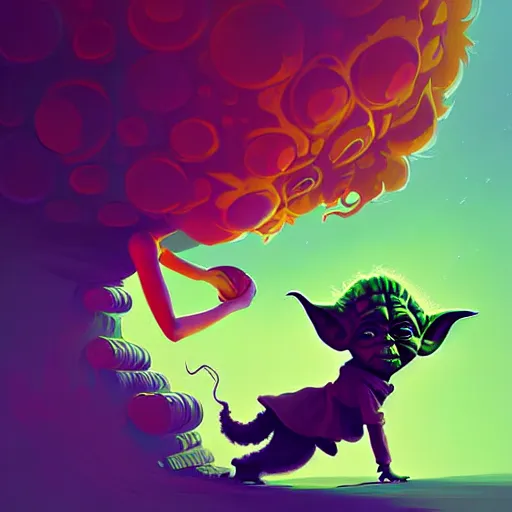 Image similar to curled perspective digital art of curly brown hair girl playing ball with yoda by anton fadeev from nightmare before christmas