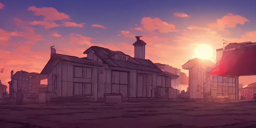 Image similar to a soviet city panel building house with sunset sky, ultra high quality, 4 k, by miyazaki and makoto shinkai, anime screenshot, colorful, artstation, pixiv,