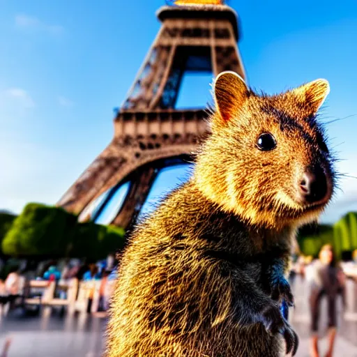 Image similar to a quokka taking a selfie in front of the eiffel tower, photorealistic