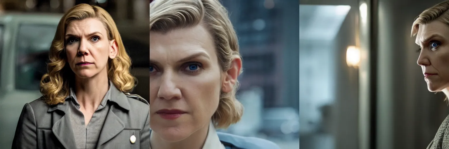 Prompt: close-up of Rhea Seehorn as a detective in a movie directed by Christopher Nolan, movie still frame, promotional image, imax 70 mm footage