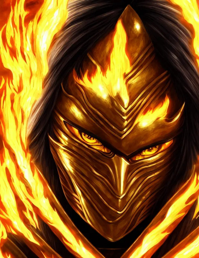 Image similar to a detailed manga portrait of a black haired man with hazel eyes in gleaming golden armour that burns with golden fire, trending on artstation, digital art, 4 k resolution, detailed, high quality, sharp focus, hq artwork, coherent, insane detail, character portrait