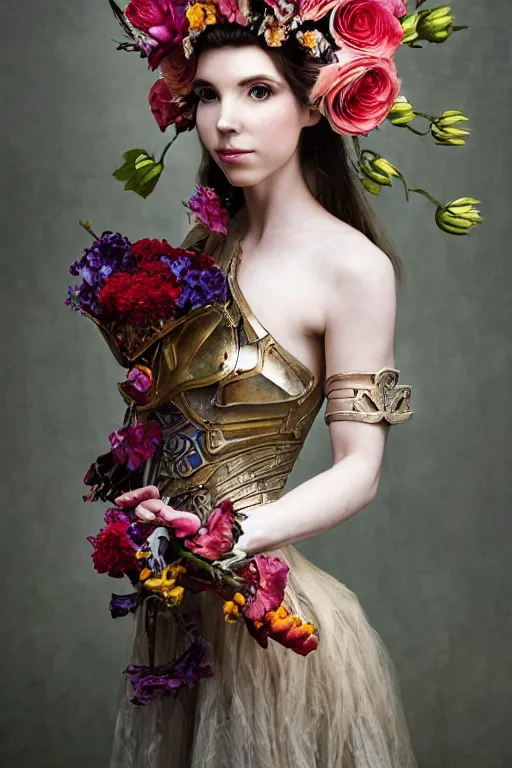 Image similar to closeup portrait of a beautiful mysterious amouranth warrior wearing an armour costume and helmet, holding a bouquet of flowing flowers from below, hands disappeared under the bouquet of flowers, profile view, fantasy, regal, intricate, by ren hang, martine johanna, tran nguyen