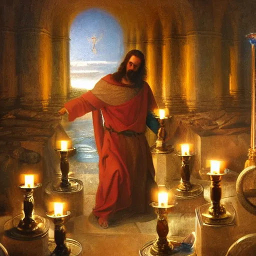 Prompt: Christ appears to John on Patmos as the ever-living and all-powerful One, who walks among the seven golden candlesticks that represent the seven churches, a matte masterpiece by Raymond Swanland