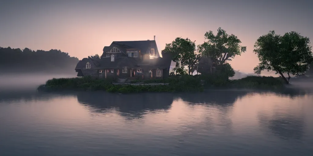 Prompt: photorealistic wide shot of a beautiful hanted house that floats on the water in the moonlight, octane render, unreal engine 4k, volumetric light, fog, detailed