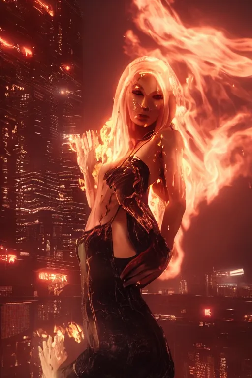 Prompt: beautiful blonde woman with her body completely covered in flames, cyberpunk, behind her a city during the end of the world, realistic, high definition, many details, symmetrical face, realistic eyes, art of unreal engine 5