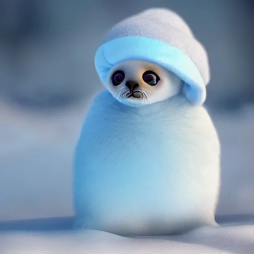 Image similar to photorealistic hd white fluffy baby harpy seal wearing a light blue winter hat, snowy, cold, arctic tundra, adorable