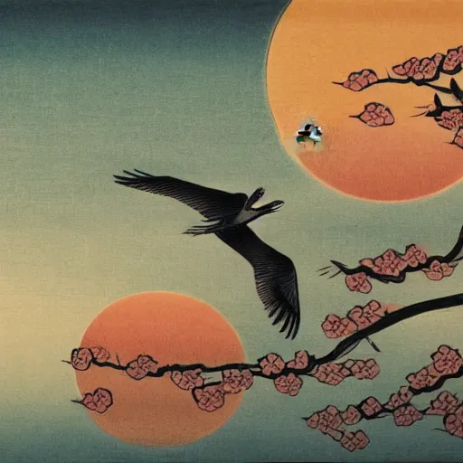 Prompt: two crane birds flying, red sun, clouds, cherry blossom, water, old vintage japanese art illustration