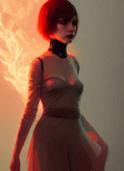 Image similar to satan daughter, outfit, wearing, full body, pyromancer, intricate, elegant, highly detailed, digital painting, artstation, concept art, smooth, sharp focus, clothes, illustration, ethereal, cleary see face, misty, by ilya kuvshinov and jeremy mann, 8 k, octane render