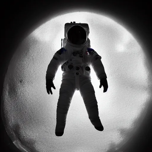 Image similar to astronaut silhouette lit from offcamera, dark background, lit from below, full body photo,, 8 k