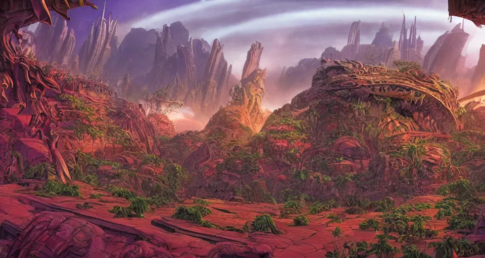 Prompt: a primordial, prehistoric jungle with a retro-sci-fi city in the distance, wide-angle shot, angled view, fisheye lens, two point perspective, animation background painting from Thundercats (1985), Masters of the Universe (1983), in the style of Jim Burns, Craig Mullins, clean scan, artstation trending, digital painting, many small details, 8k