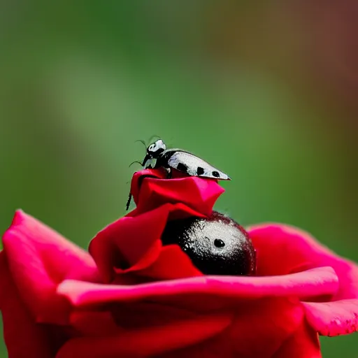 Image similar to A close up of a rose, with water droplets on it, and a ladybug crawling on it. The rose is a deep red, and the background is blurred. The photo is taken with a 50mm lens, and has a deep depth of field