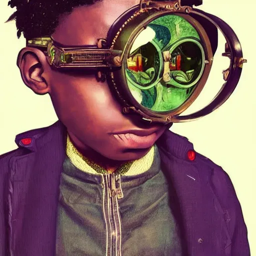 Image similar to colourful vfx upper half - portrait - art of a nigerian boy wearing steam punk goggles, art by utagawa kunisada, james jean & alphonse mucha, symmetrical, intricate detail, concept art, volumetric light, ray tracing, caricature, digital illustration, digital painting, octane 3 d render, unreal engine, sharp, pinterest, behance, art station,