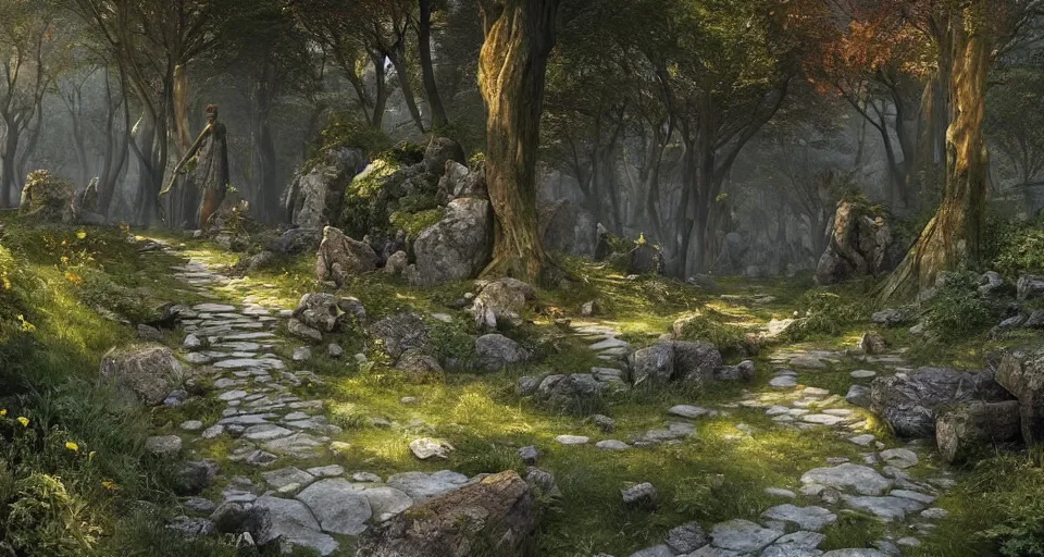 Image similar to Beautiful uplifting glade bg. Elven stone monuments along the pathway. Mysterious stone monuments. J.R.R. Tolkien's Middle-Earth. Trending on Artstation. Digital illustration. Artwork by Darek Zabrocki and Sylvain Sarrailh. Concept art, Concept Design, Illustration, Marketing Illustration, 3ds Max, Blender, Keyshot, Unreal Engine, ZBrush, 3DCoat, World Machine, SpeedTree, 3D Modelling, Digital Painting, Matte Painting, Character Design, Environment Design, Game Design, After Effects, Maya, Photoshop.