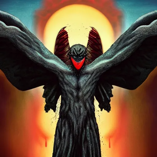 Image similar to 4K headshot of mothman holding something and bloody clothes with giant wings , intricate face , flawless anime cel animation by Kentaro Miura,psychedelic , highly detailed upper body , professionally post-processed , beautiful, scary, symmetry accurate features, epic, octane rendered, anime masterpiece, accurate