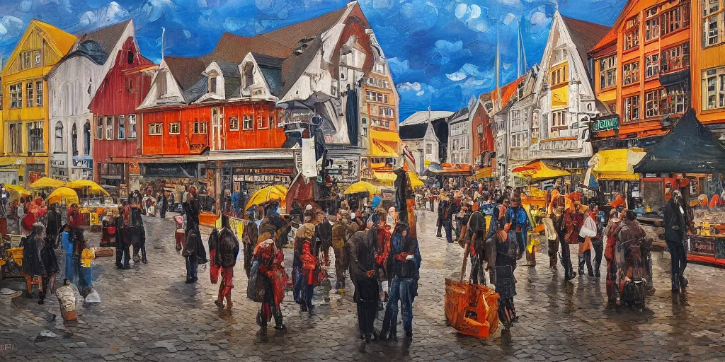 Image similar to Highly detailed oil painting of street life in stavanger by noon, strong atmosphere, oil painting masterpiece by Josep Tapiró Baró, symmetry, fractals