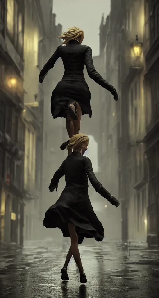 Image similar to beautiful model annie leonhart running on high heels with open toe in dunwall city, beautiful face, detailed face, cinematic lighting, rainy weather, melancholy atmosphere, volumetric light, octane render, dishonored 1, gothic architecture, realistic reflections, octane render 8 k, model agency