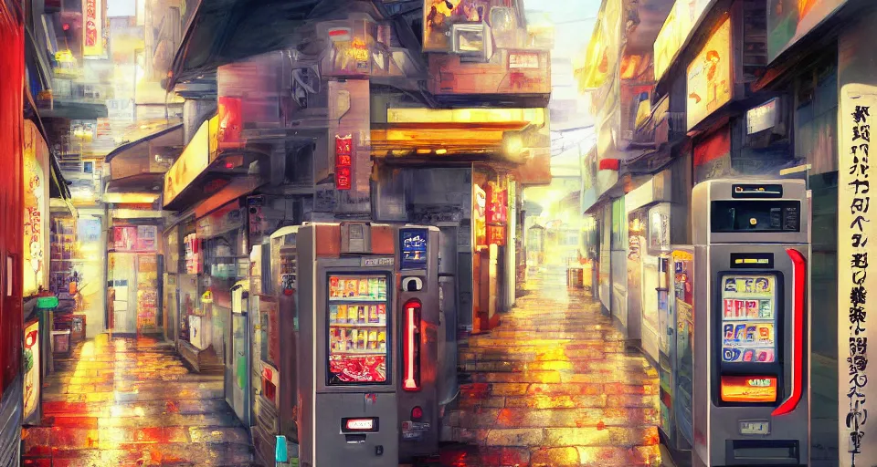 Prompt: beautiful anime painting of tokyo alleyway with vending machine, relaxing autumn day. trending on Artstation, 8k, masterpiece, sharp, fine detail, full of color, visually stunning, peaceful