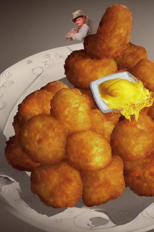 Image similar to a big tater tot on a plate with channing tatum face, intricate, 8 k highly professionally detailed, hdr, cgsociety