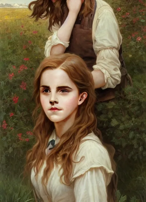 Image similar to portrait emma watson as 21th century country girl, full length shot, shining, 8k highly detailed, sharp focus, illustration, art by artgerm, mucha, bouguereau